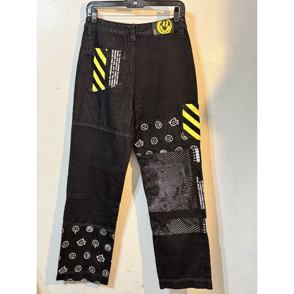 FINESSE Graphic Patchwork Jeans Size S Black Yellow Smiley Streetwear Denim - Picture 3 of 4